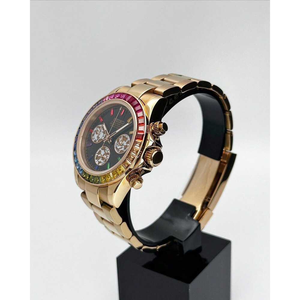 Custom Seiko Mod • Rose Gold Double Rainbow Daytona vk63 • 39.5mm